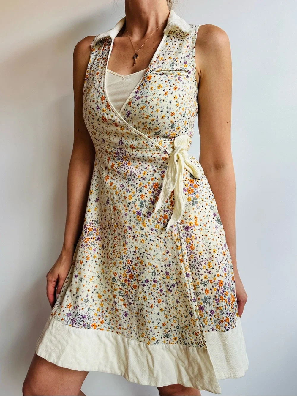 Vintage Free People Linen Cotton Floral Sleeveless Wrap Mini Dress Boho